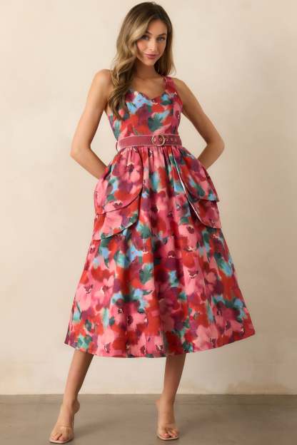 Prosperina Diana Pink Multi Floral Print Cotton Belted Midi Dress