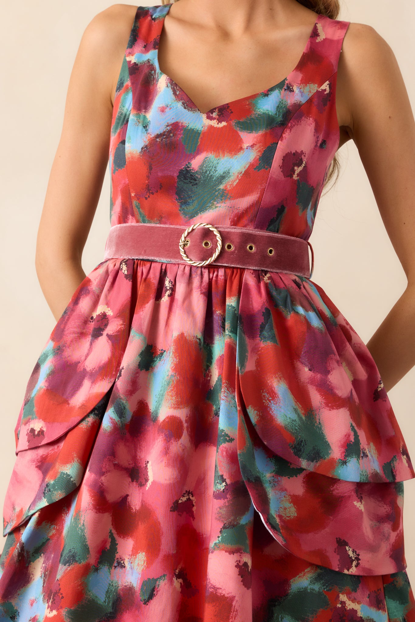 Prosperina Diana Pink Multi Floral Print Cotton Belted Midi Dress