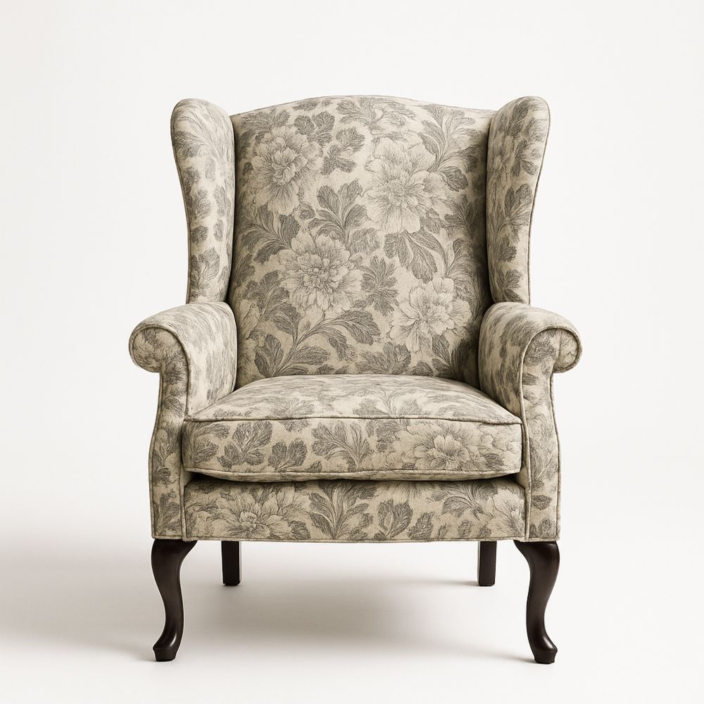 Lenestol i polyesterstoff med blomstermønster lys grå-havremoderne