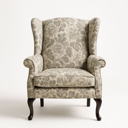 Lenestol i polyesterstoff med blomstermønster lys grå-havremoderne