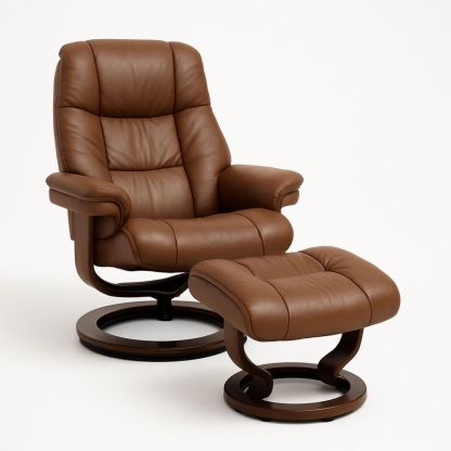 Skinn hvilestol med krakk og trebase-havremoderne