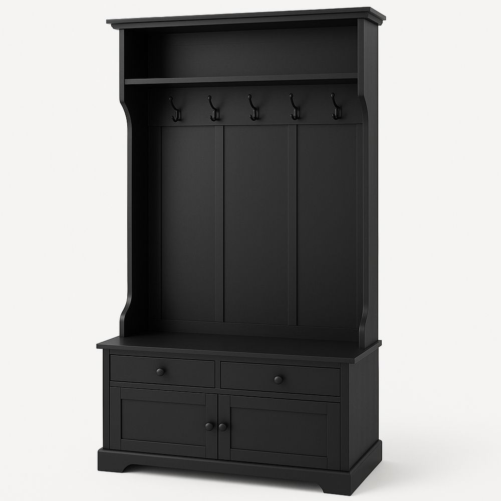 Klesstativ med kroker og oppbevaring i svart tre 180x90x40 cm-havremoderne