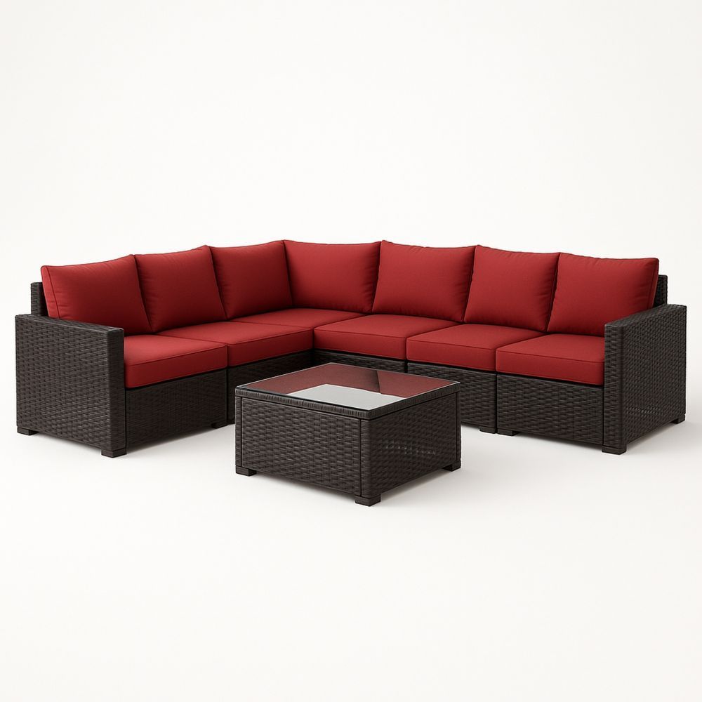 Utendørs møbelsett med modulær hjørnesofa i PE-rotting, røde puter og herdet glassbord-havremoderne