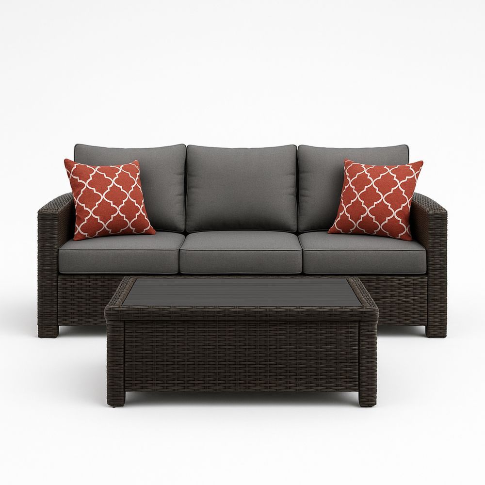 Utendørs møbelsett i svart rotting med grå og oransje puter-havremoderne