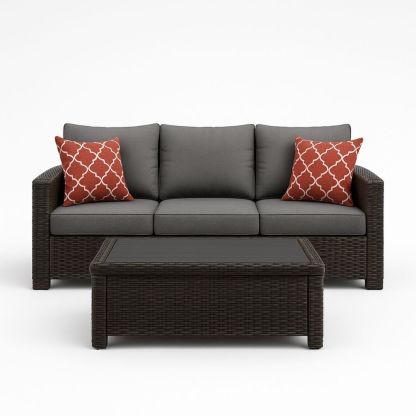 Utendørs møbelsett i svart rotting med grå og oransje puter-havremoderne