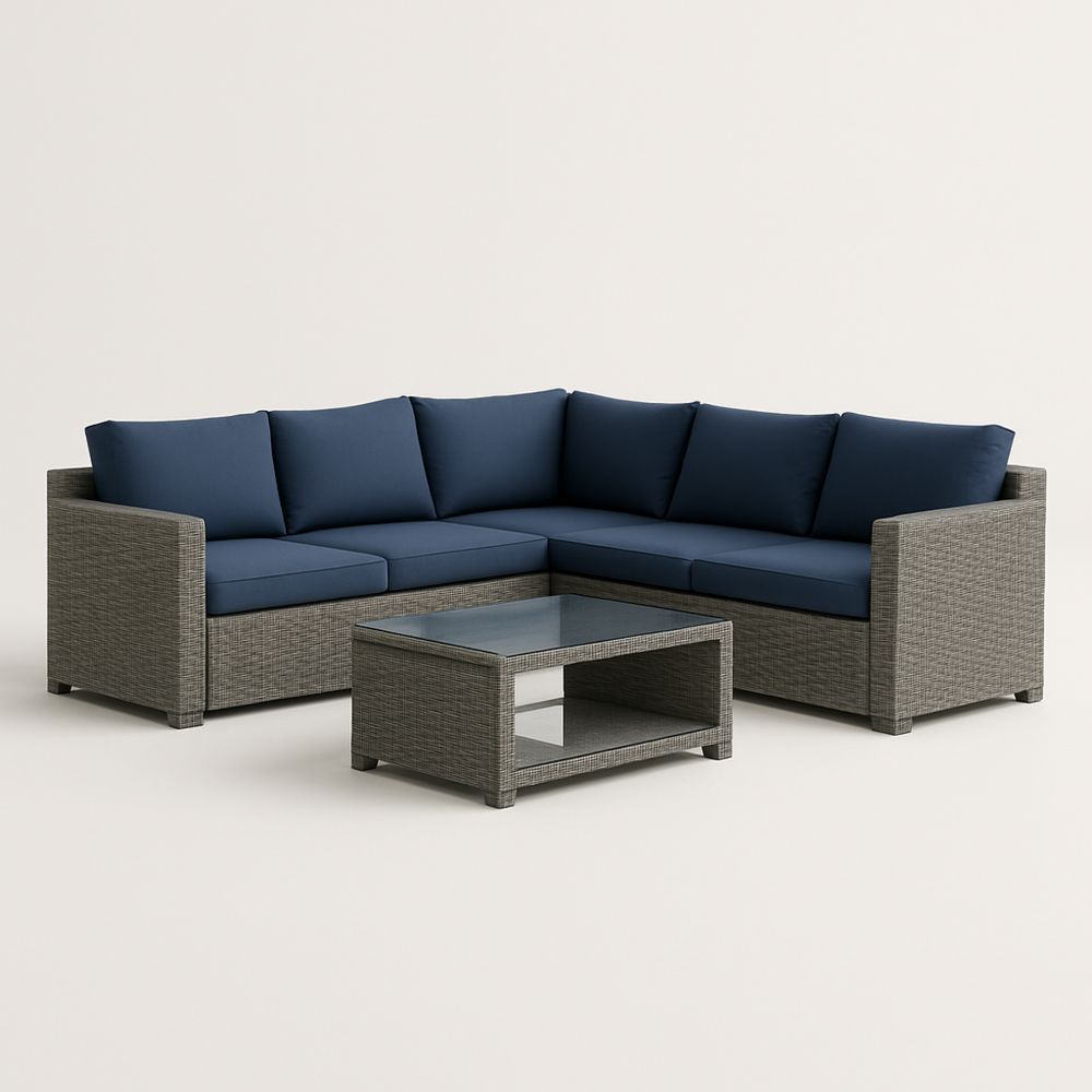 Utendørs møbelsett med grå L-formet sofa i syntetisk harpiks, polyesterputer og herdet glassbord-havremoderne