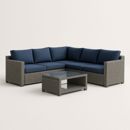 Utendørs møbelsett med grå L-formet sofa i syntetisk harpiks, polyesterputer og herdet glassbord-havremoderne