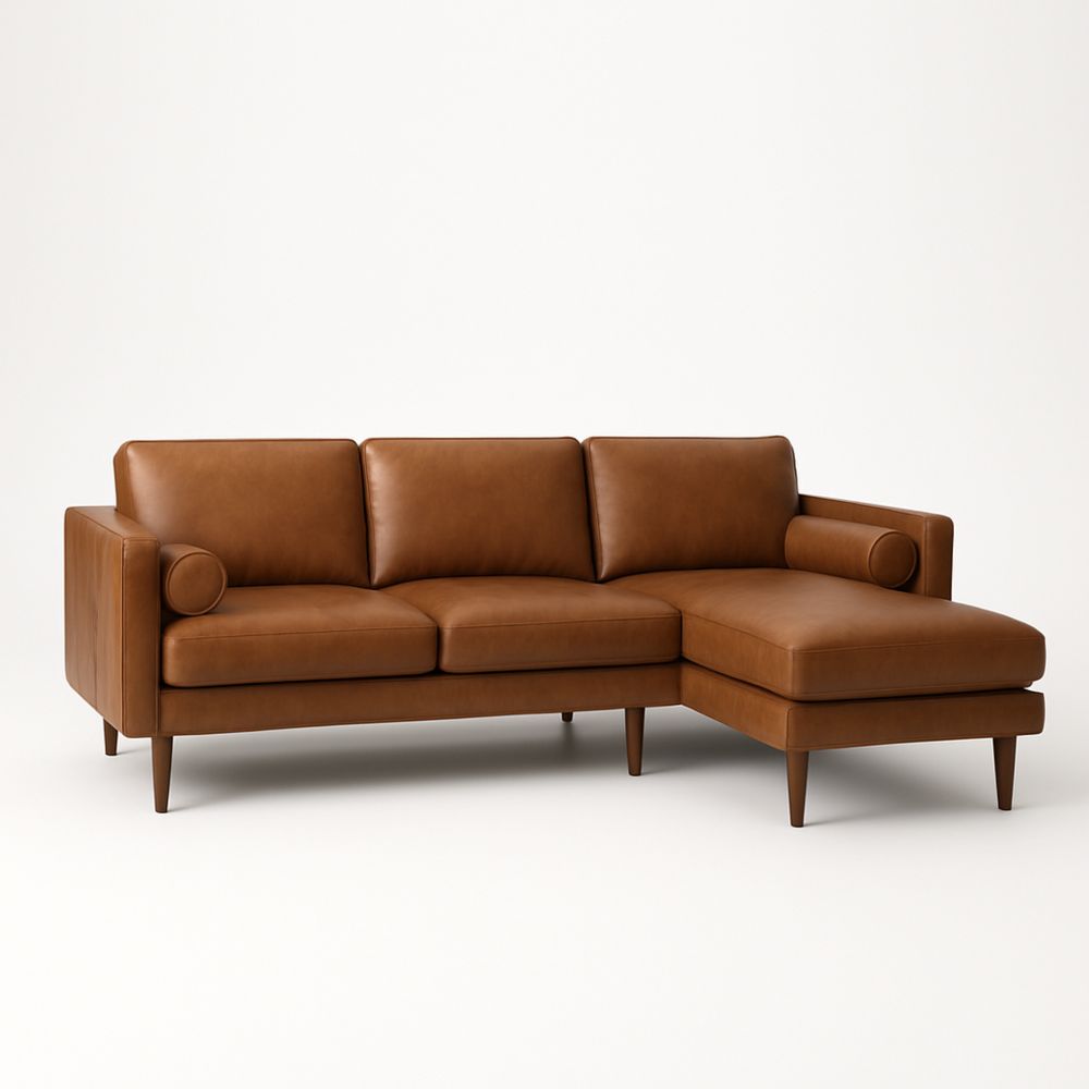 Hjørnesofa i brun PU-skinn med treben-havremoderne