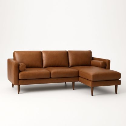 Hjørnesofa i brun PU-skinn med treben-havremoderne