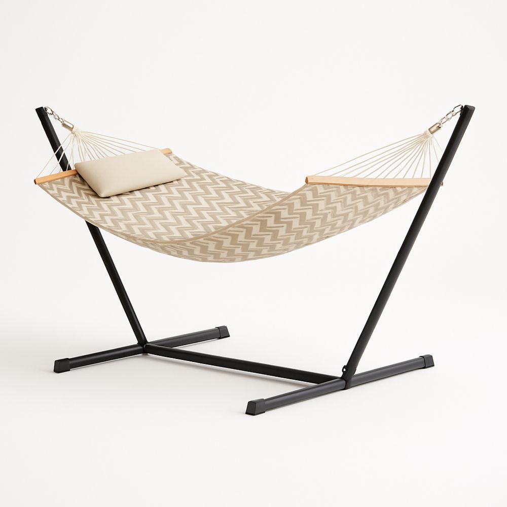 Hengekøye med stativ i polyester beige sikk-sakk mønster-havremoderne