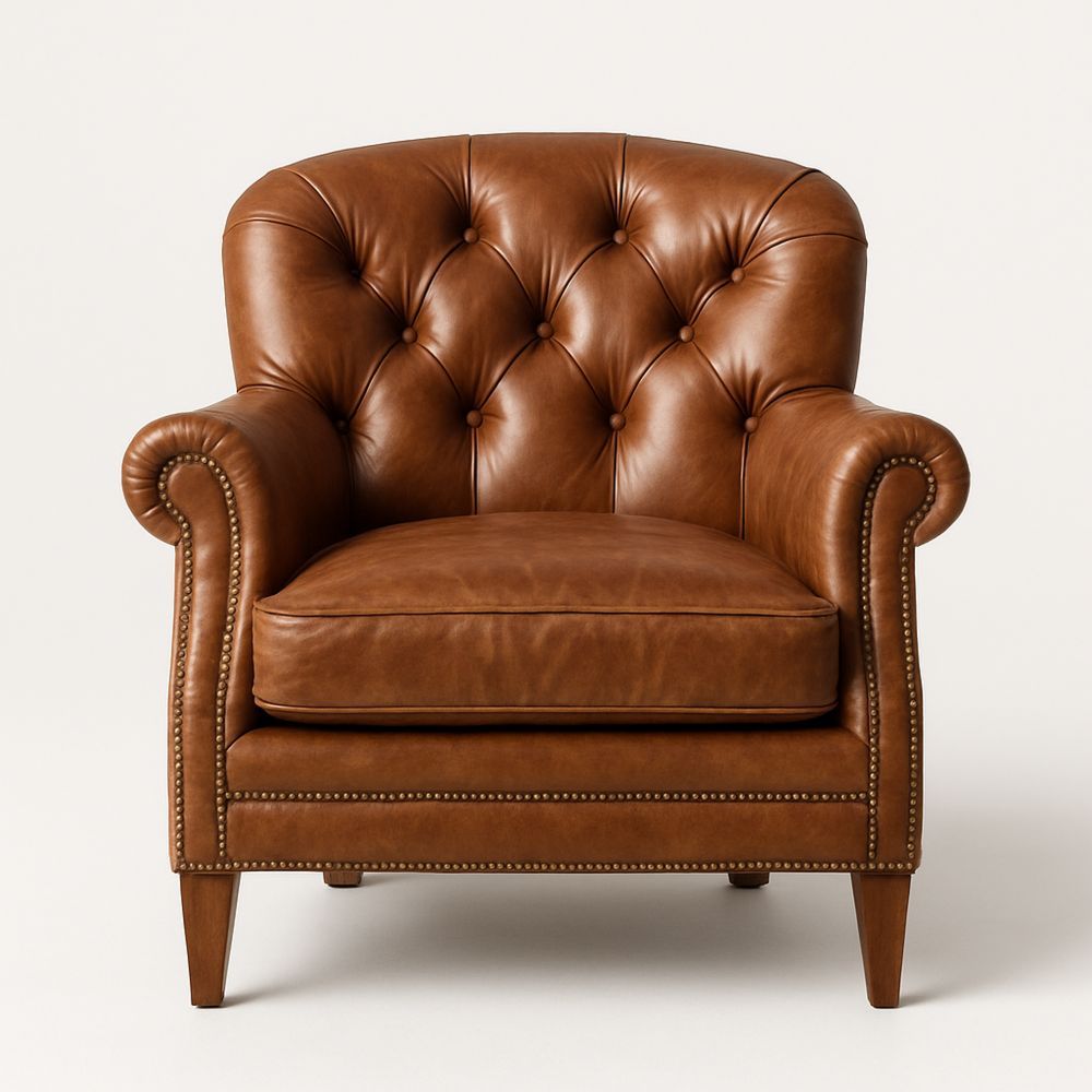 Brun skinnlenestol med knapper og nagler-havremoderne