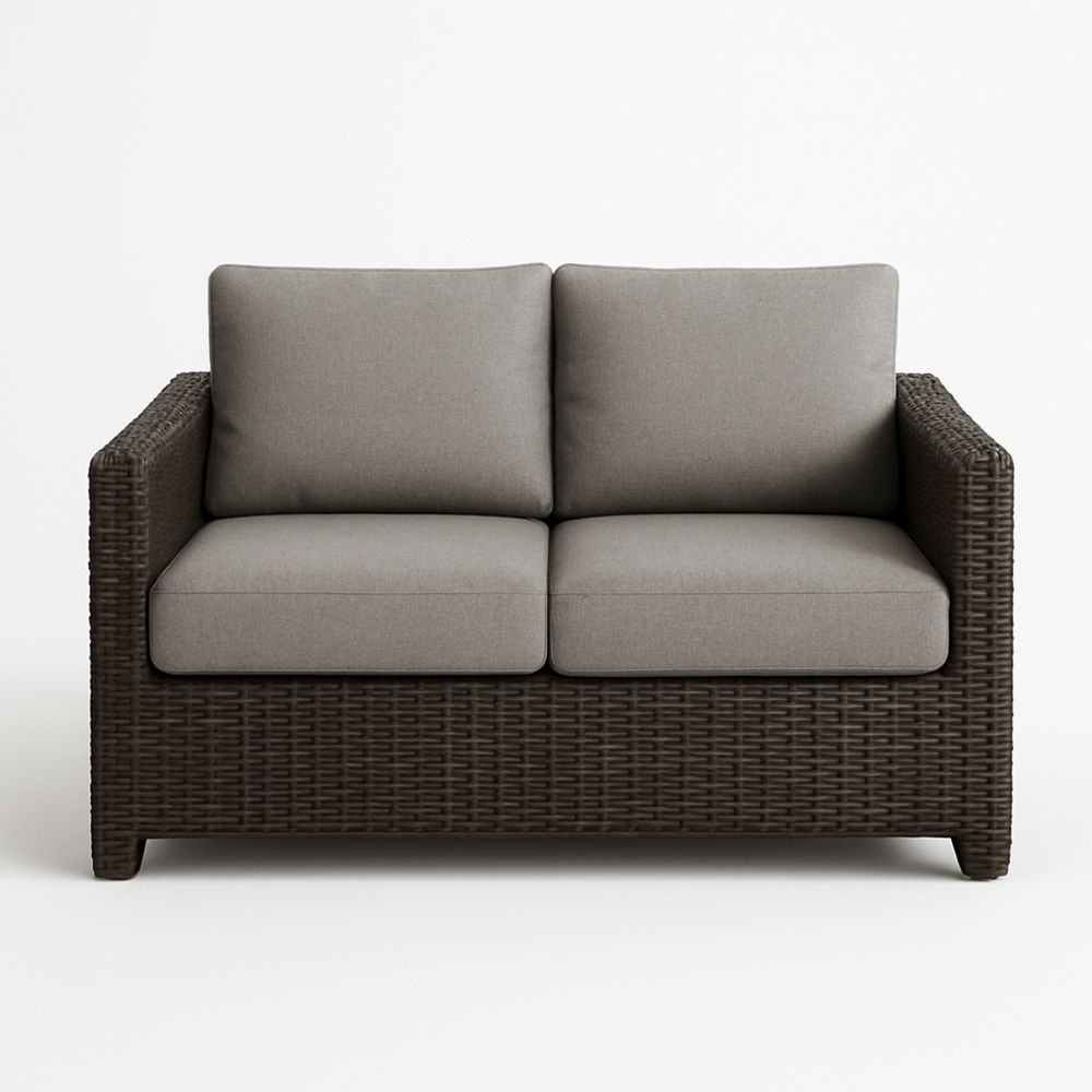 Utendørs to-seters sofa i polyrotting med polyesterputer mørk brun/grå-havremoderne