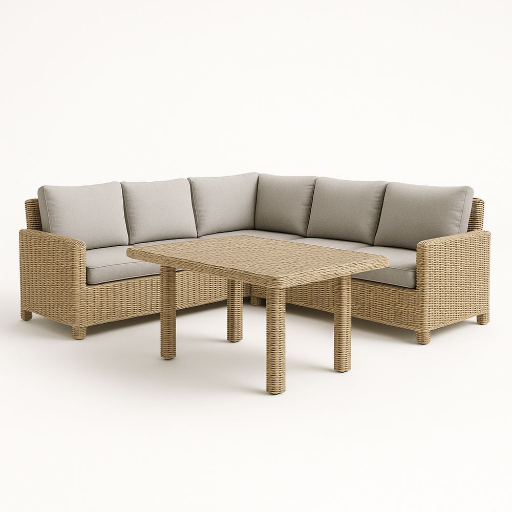 Utendørs møbelsett med hjørnesofa i kunstrotting, puter og bord beige/grå-havremoderne