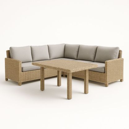 Utendørs møbelsett med hjørnesofa i kunstrotting, puter og bord beige/grå-havremoderne