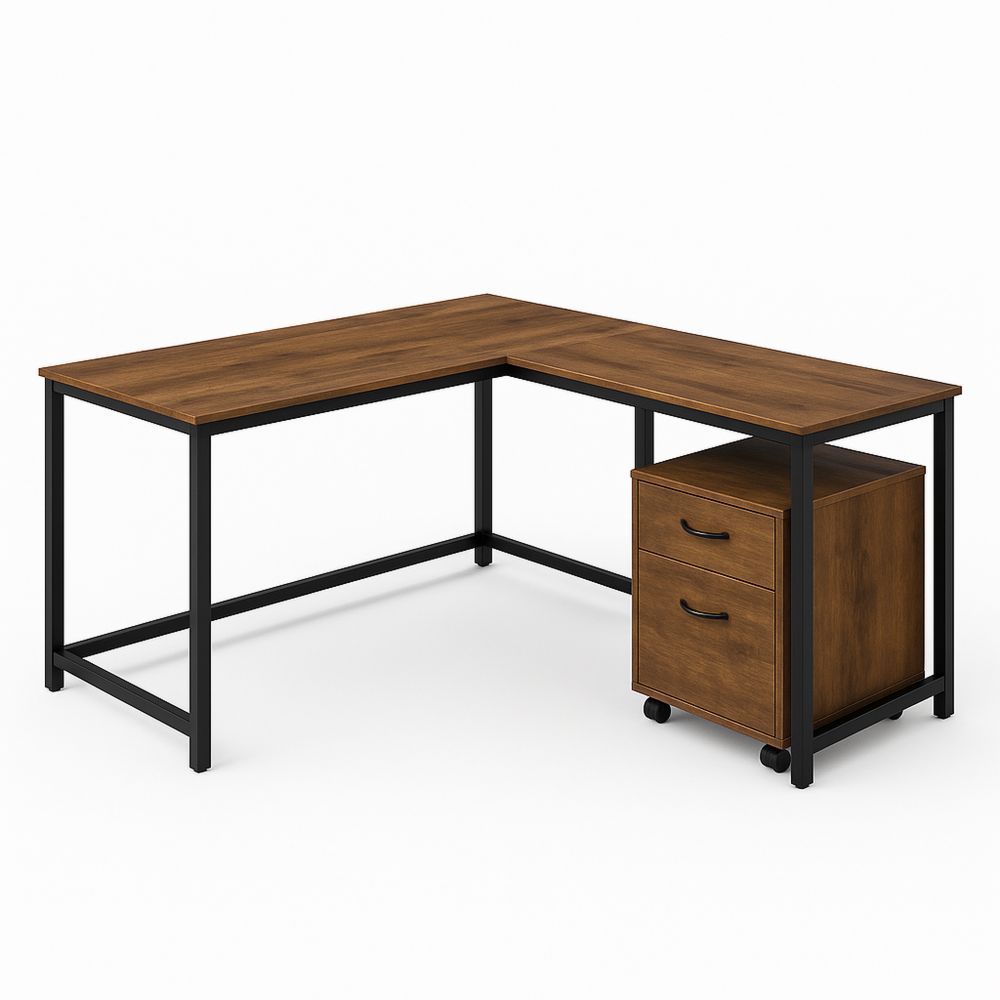 L-formet skrivebord i trefiberplate med stålramme brun/svart-havremoderne