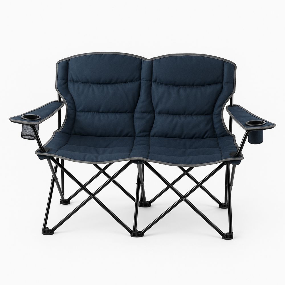 Sammenleggbar dobbelt campingstol med stålramme og polyesterstoff, blå-havremoderne