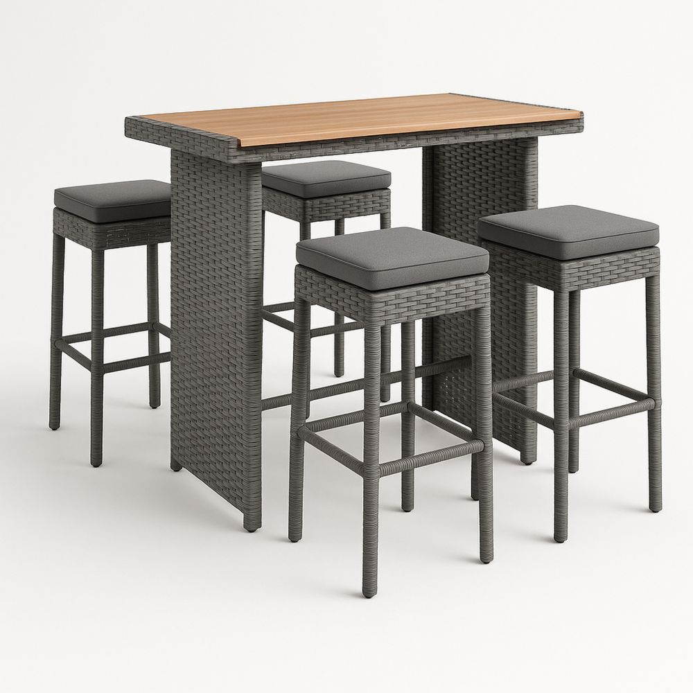 Utendørs barsett i rotting med grå/brun putetrekk, 5 deler-havremoderne