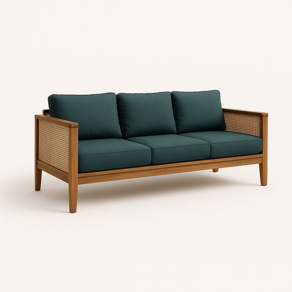 Tremannssofa i tre og rattan med polyesterputer i grønn-havremoderne