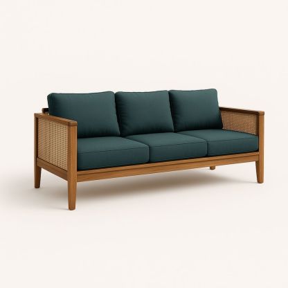 Tremannssofa i tre og rattan med polyesterputer i grønn-havremoderne