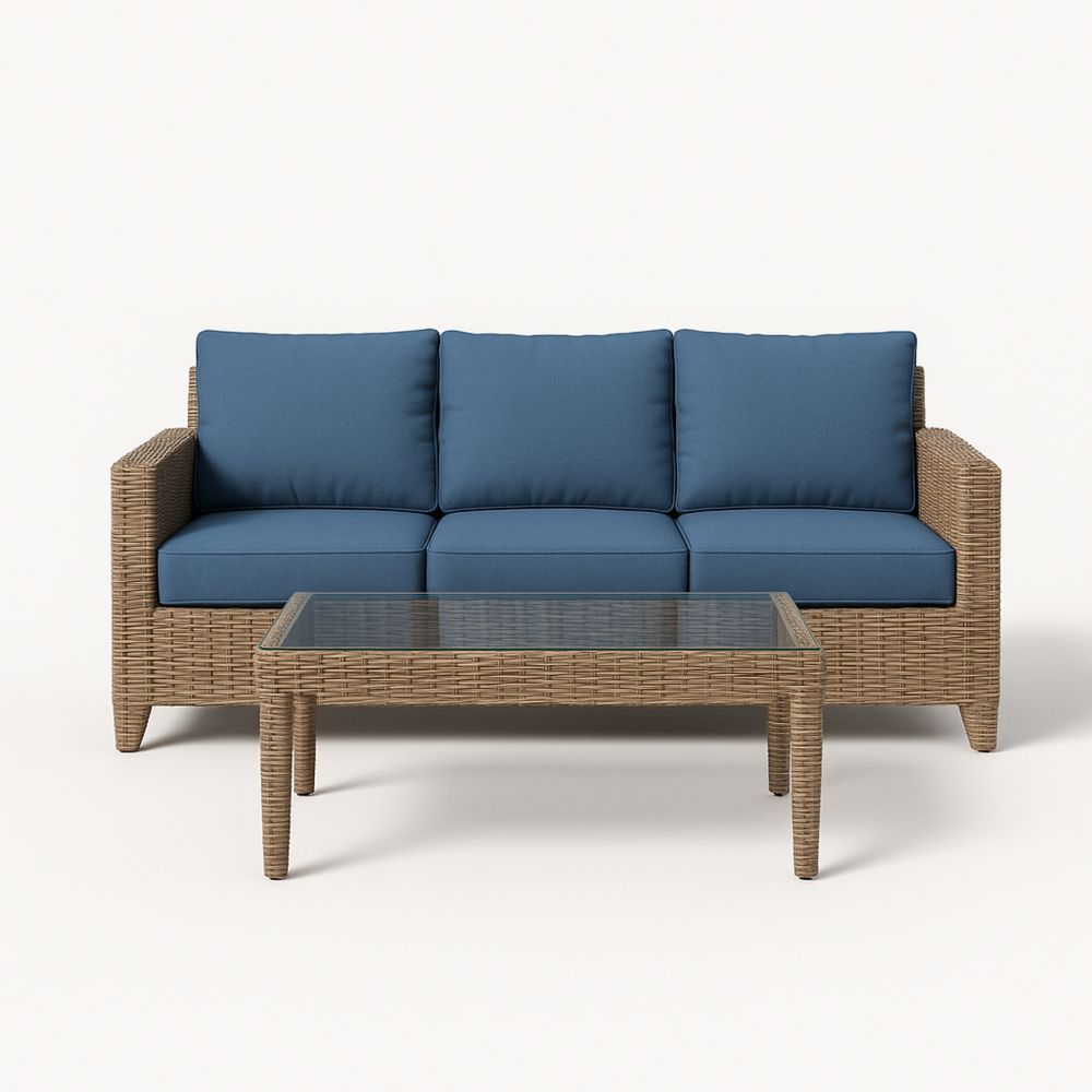 Utemøbelsett med 3-seters rottingsofa, blå puter og glassbord-havremoderne