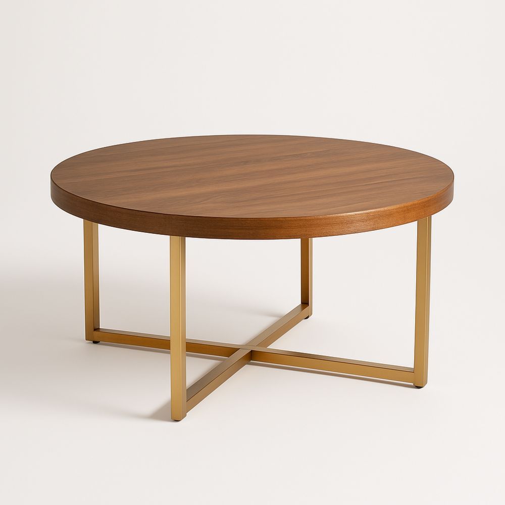 Rundt salongbord i valnøttfiner og metallben-havremoderne