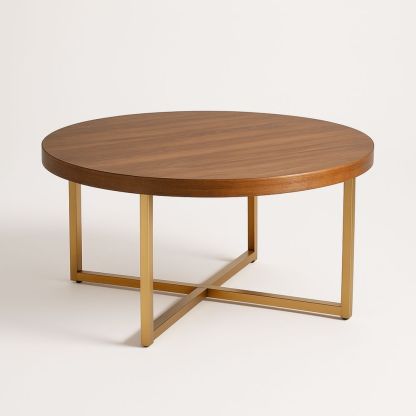 Rundt salongbord i valnøttfiner og metallben-havremoderne