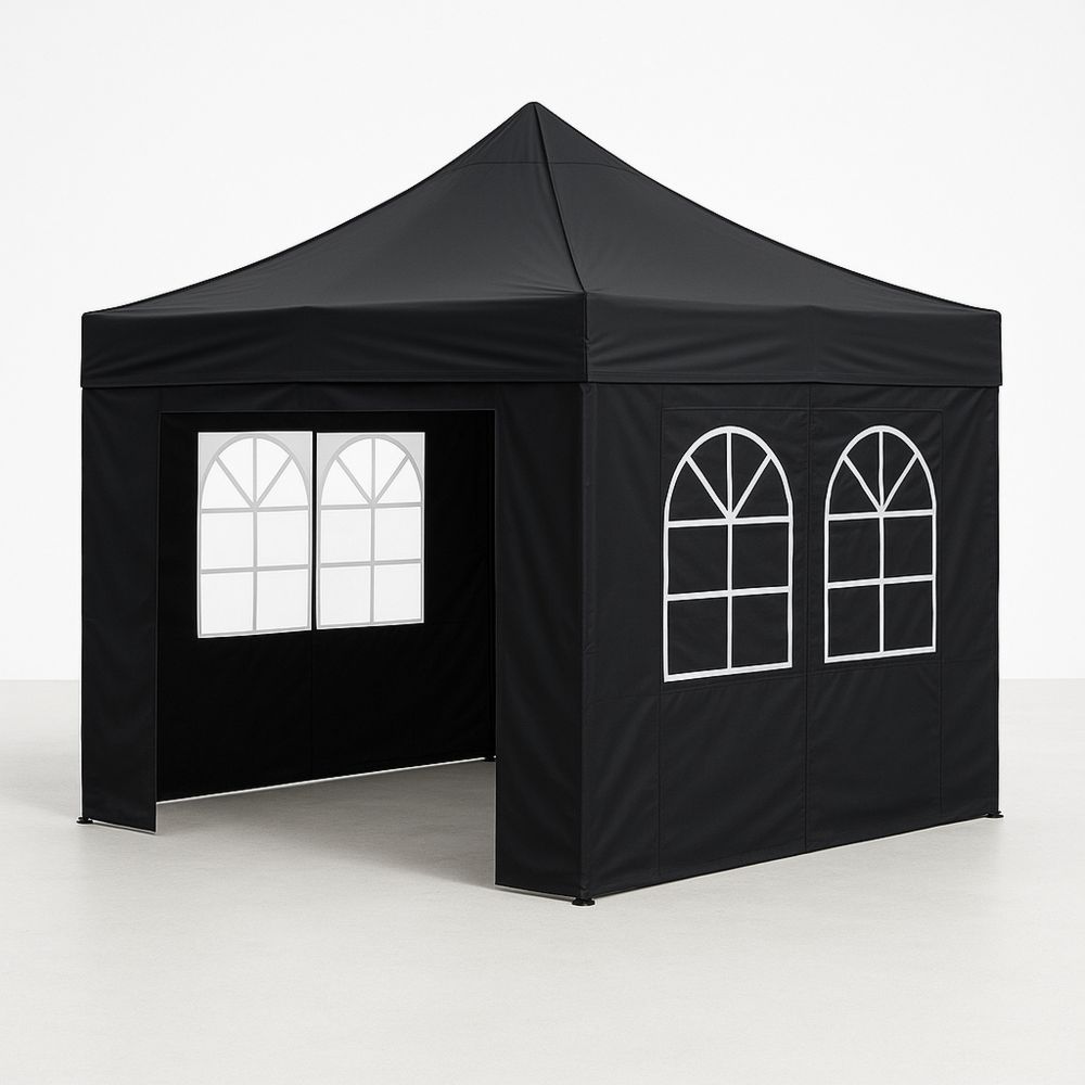 Partytelt utendørs svart polyester med vinduer 3x3m-havremoderne
