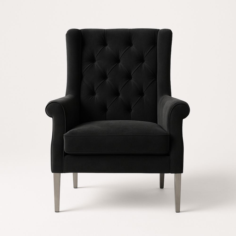 Svart fløyel lenestol med metallben-havremoderne