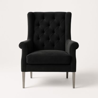 Svart fløyel lenestol med metallben-havremoderne