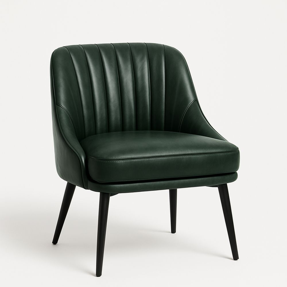 Lenestol i mørkegrønn lær med sorte metallben-havremoderne