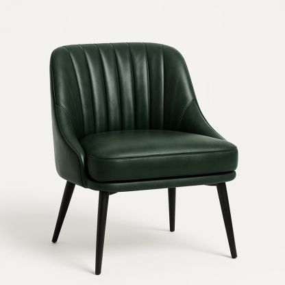 Lenestol i mørkegrønn lær med sorte metallben-havremoderne