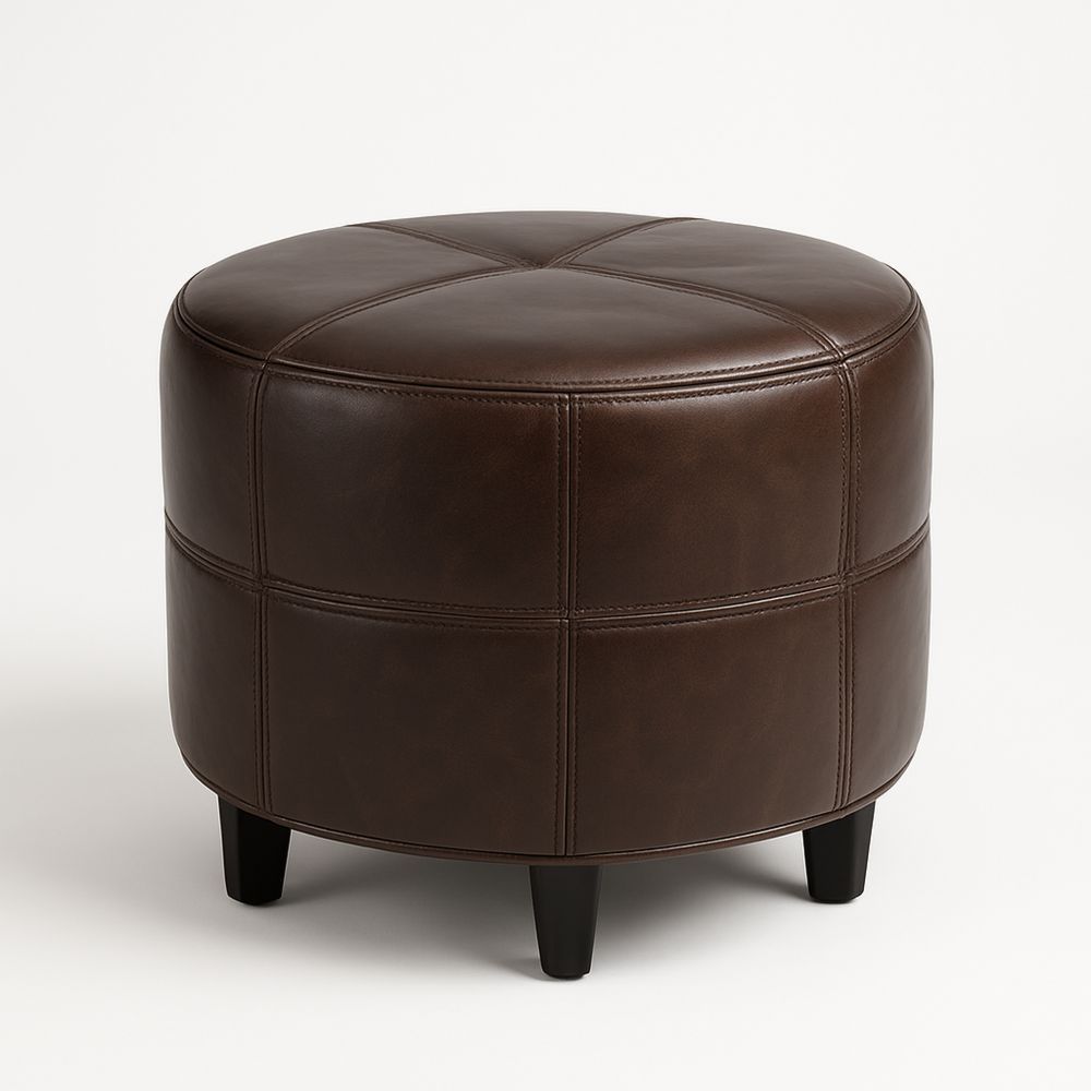 Fotskammel i brun kunstlær med sorte trebein-havremoderne