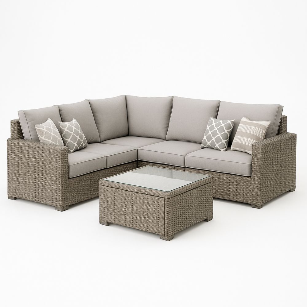 L-formet sofagruppe i rotting og herdet glass grå 5-seter-havremoderne