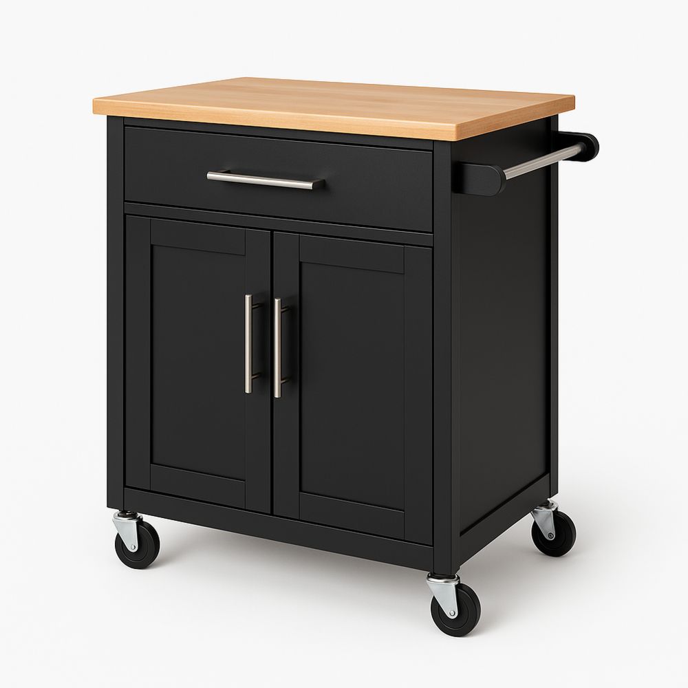 Kjøkkenvogn i tre og metall med skuff og skap svart-havremoderne