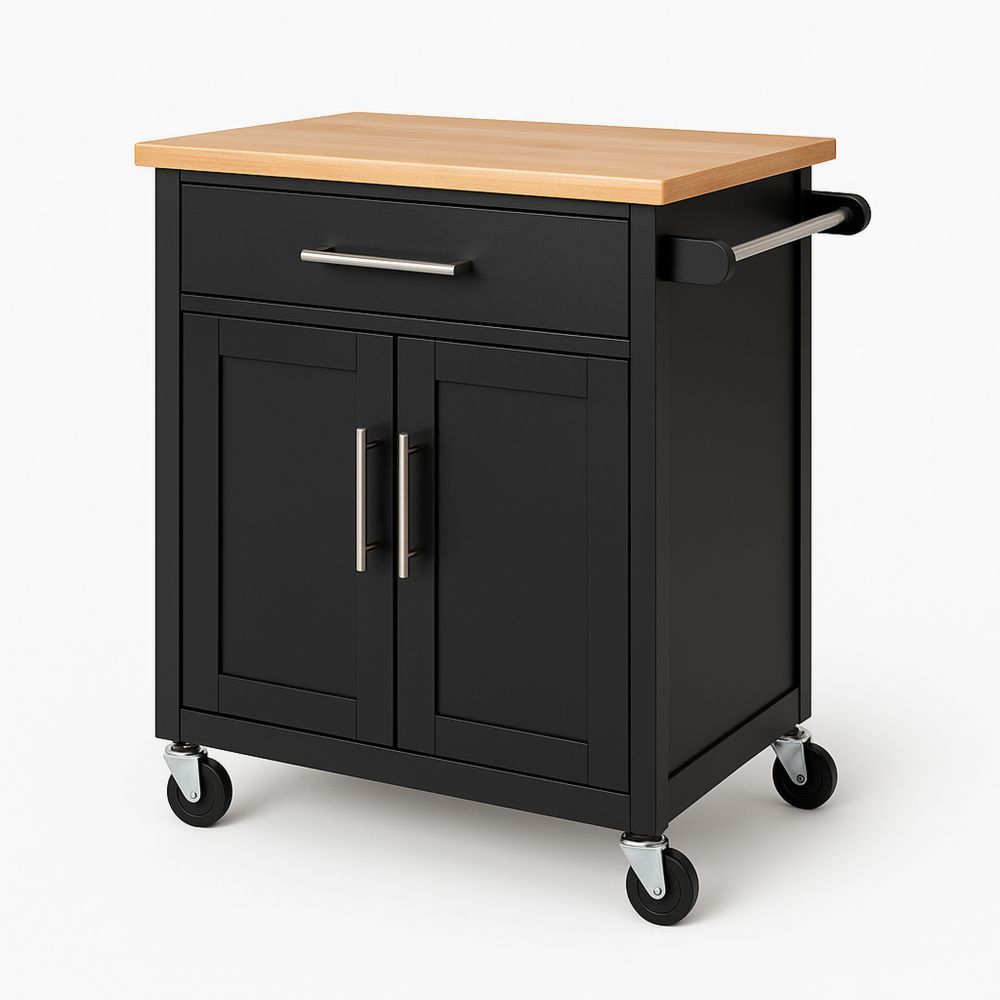 Kjøkkenvogn i tre og metall med skuff og skap svart-havremoderne