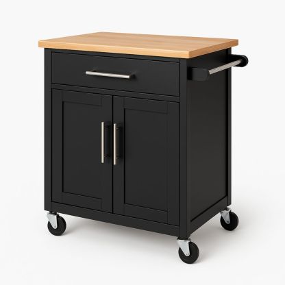 Kjøkkenvogn i tre og metall med skuff og skap svart-havremoderne