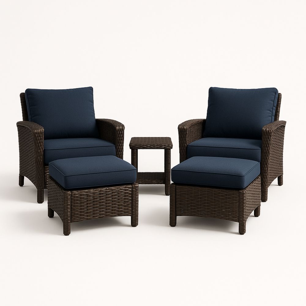 Terrassemøbelsett i polyetylen rotting med blå polyesterputer 5 deler-havremoderne