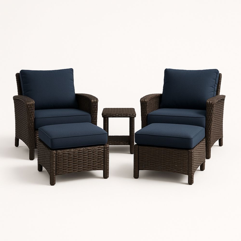 Terrassemøbelsett i polyetylen rotting med blå polyesterputer 5 deler-havremoderne