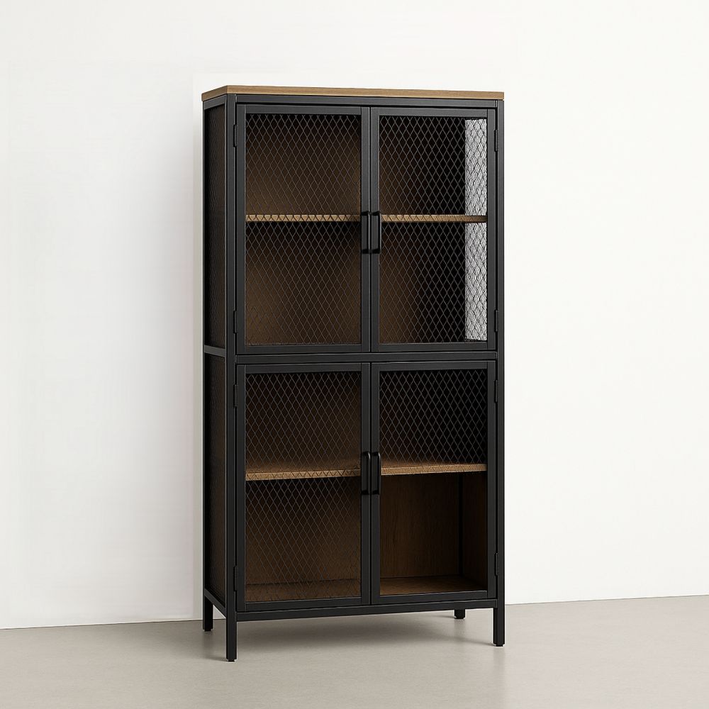 Dekorativt skap til stue med nettingdører i metall og tre, svart/brun 180x90x40 cm-havremoderne