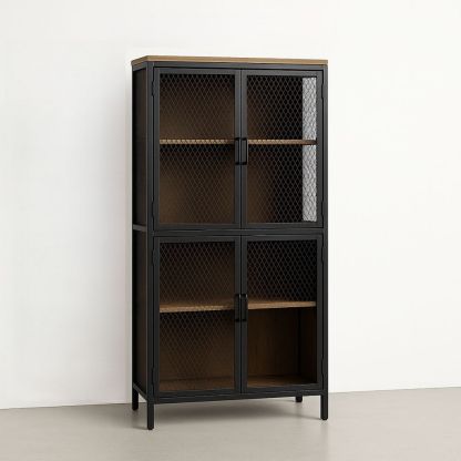 Dekorativt skap til stue med nettingdører i metall og tre, svart/brun 180x90x40 cm-havremoderne