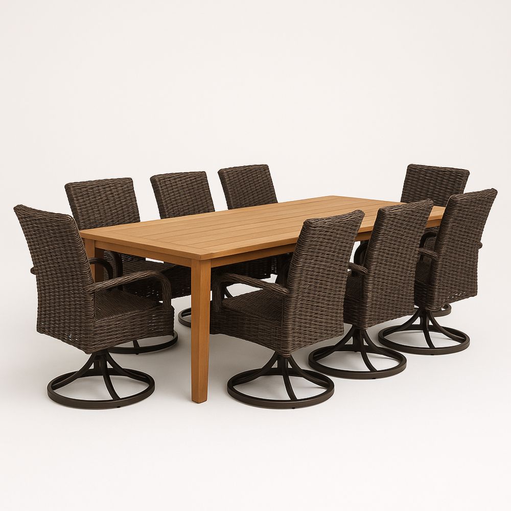 Utendørs spisebordsett i tre og rotting med 8 stoler brun-havremoderne