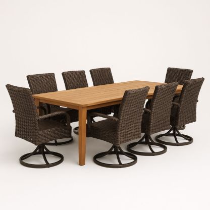 Utendørs spisebordsett i tre og rotting med 8 stoler brun-havremoderne