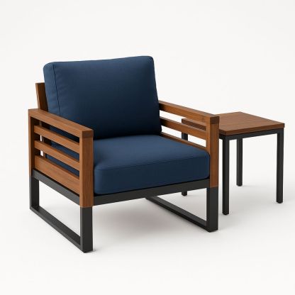 Utendørs sett med teakstol og bord i stålramme, blå pute-havremoderne