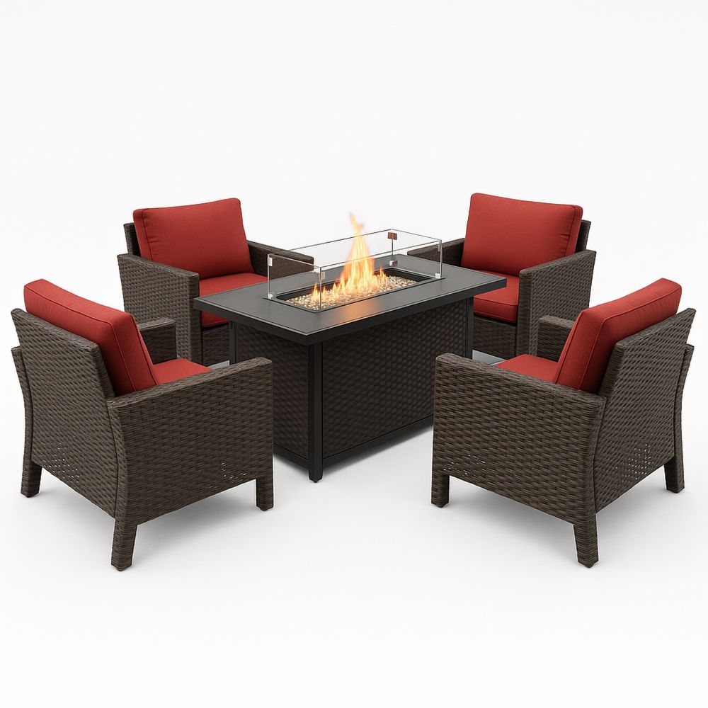 Hagemøbelsett i kunstrotting med herdet glass og røde polyesterputer-havremoderne