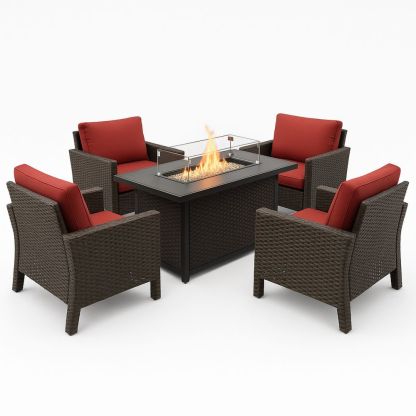 Hagemøbelsett i kunstrotting med herdet glass og røde polyesterputer-havremoderne