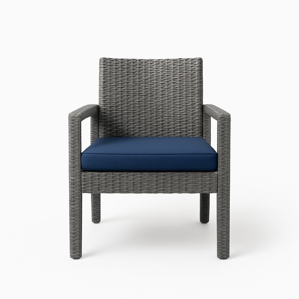 Utendørs stol i grå PE-rotting med blå polyesterpute-havremoderne