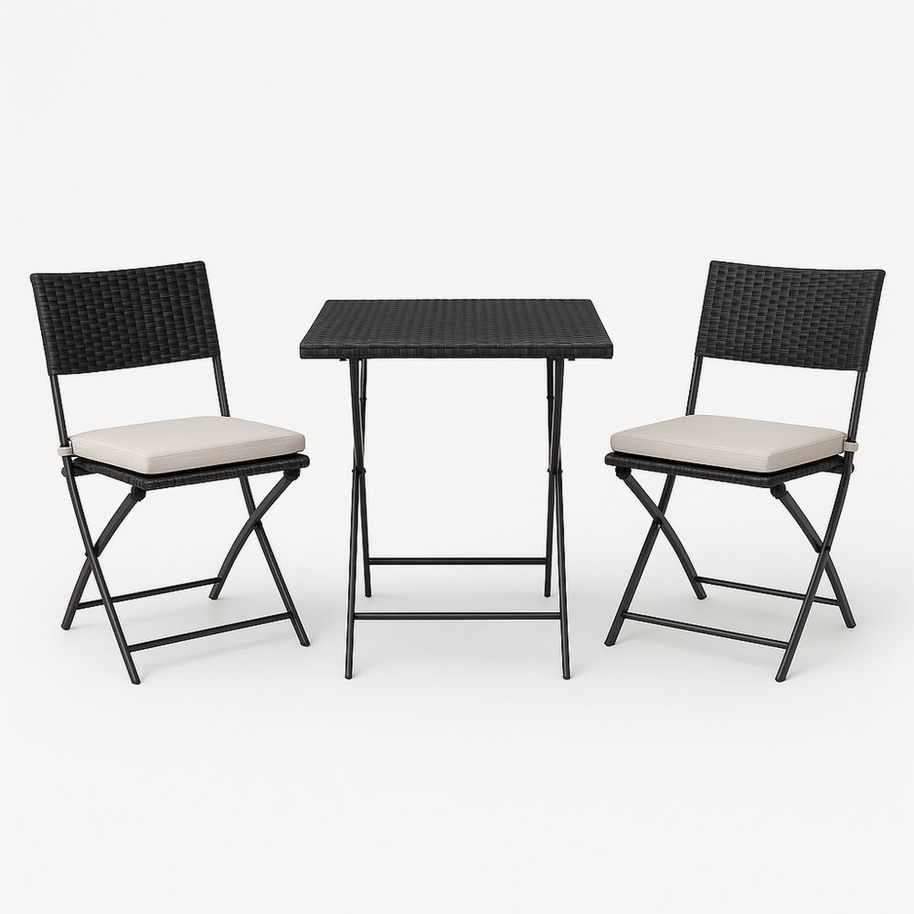 Utendørs møbelsett med bord i stål og polyrotting, sammenleggbare stoler svart/beige-havremoderne
