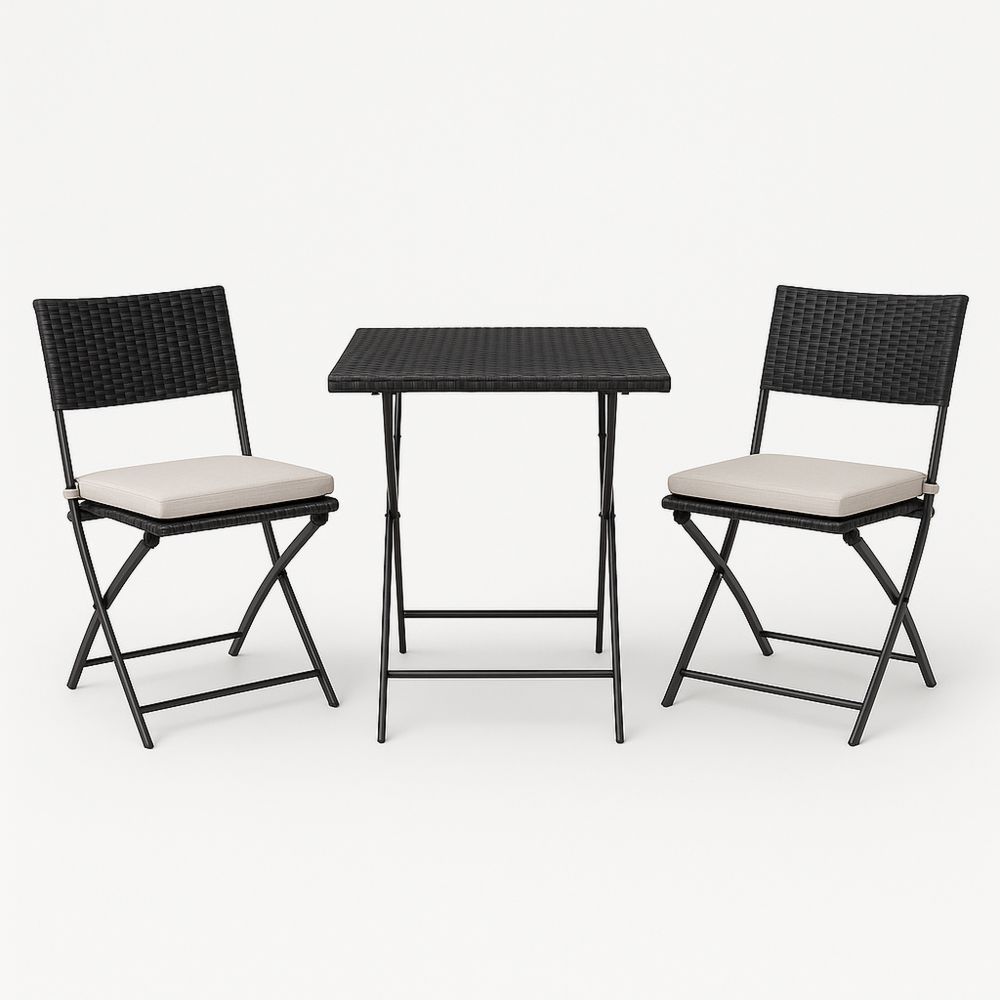Utendørs møbelsett med bord i stål og polyrotting, sammenleggbare stoler svart/beige-havremoderne