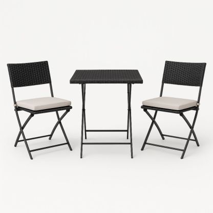 Utendørs møbelsett med bord i stål og polyrotting, sammenleggbare stoler svart/beige-havremoderne