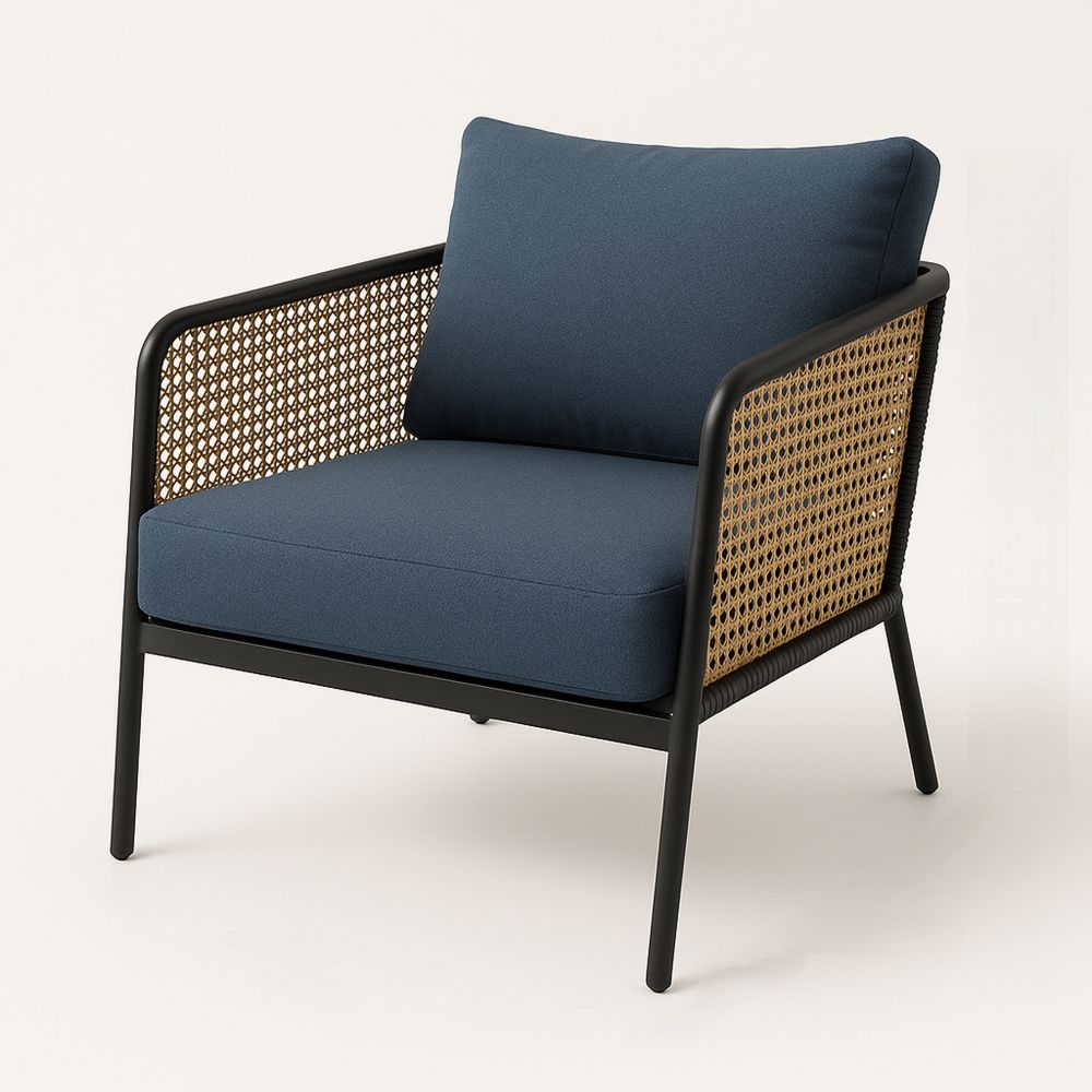 Utendørs stol med aluminium ramme og blå tekstilputer-havremoderne